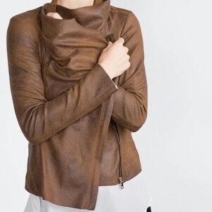 Zara Vegan Suede Leather Asymmetrical Jacket Tan/Brown Sz L